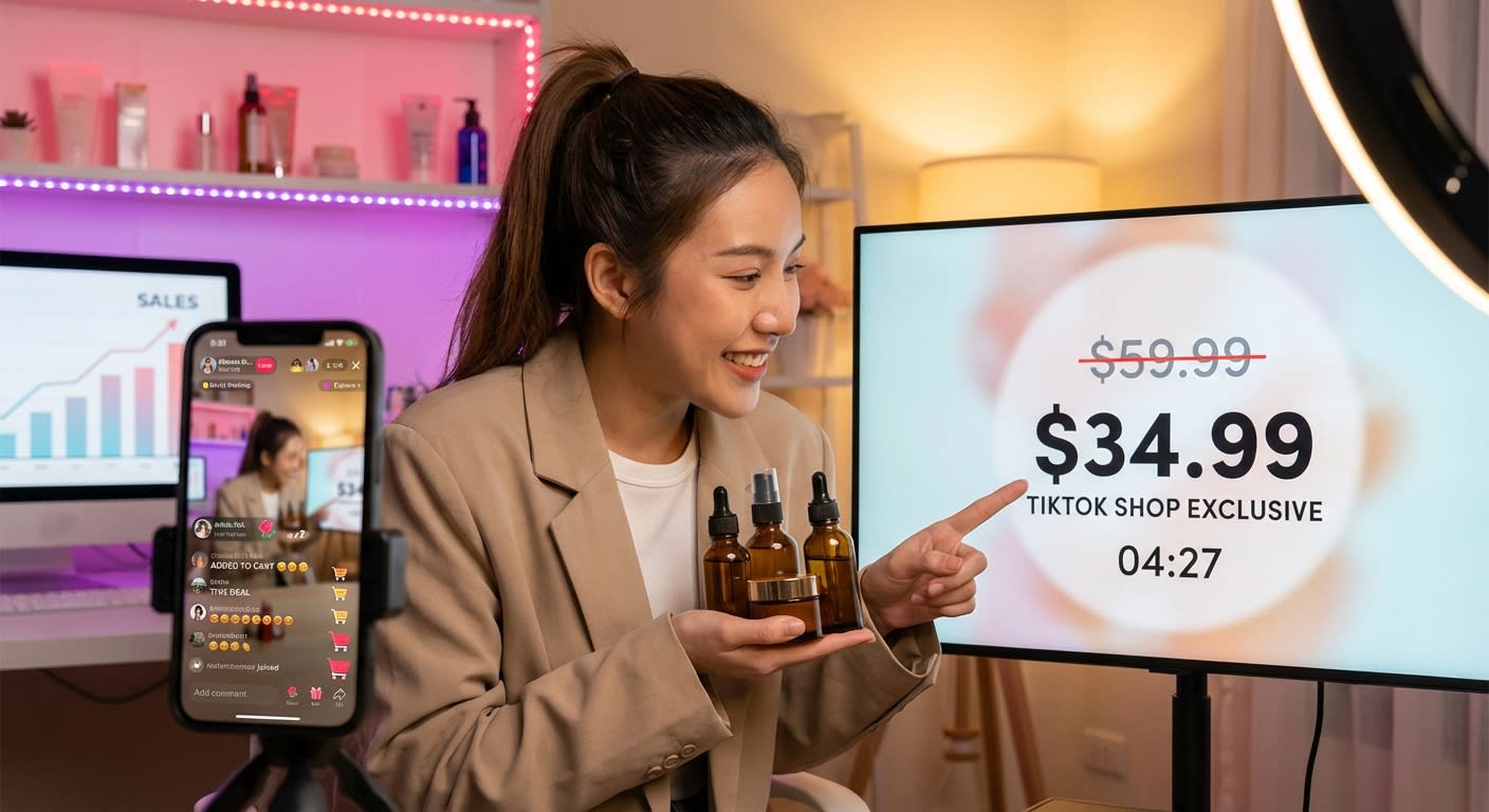 Energetic TikTok Shop live host presenting product to camera with growing viewer count visible on laptop behind her