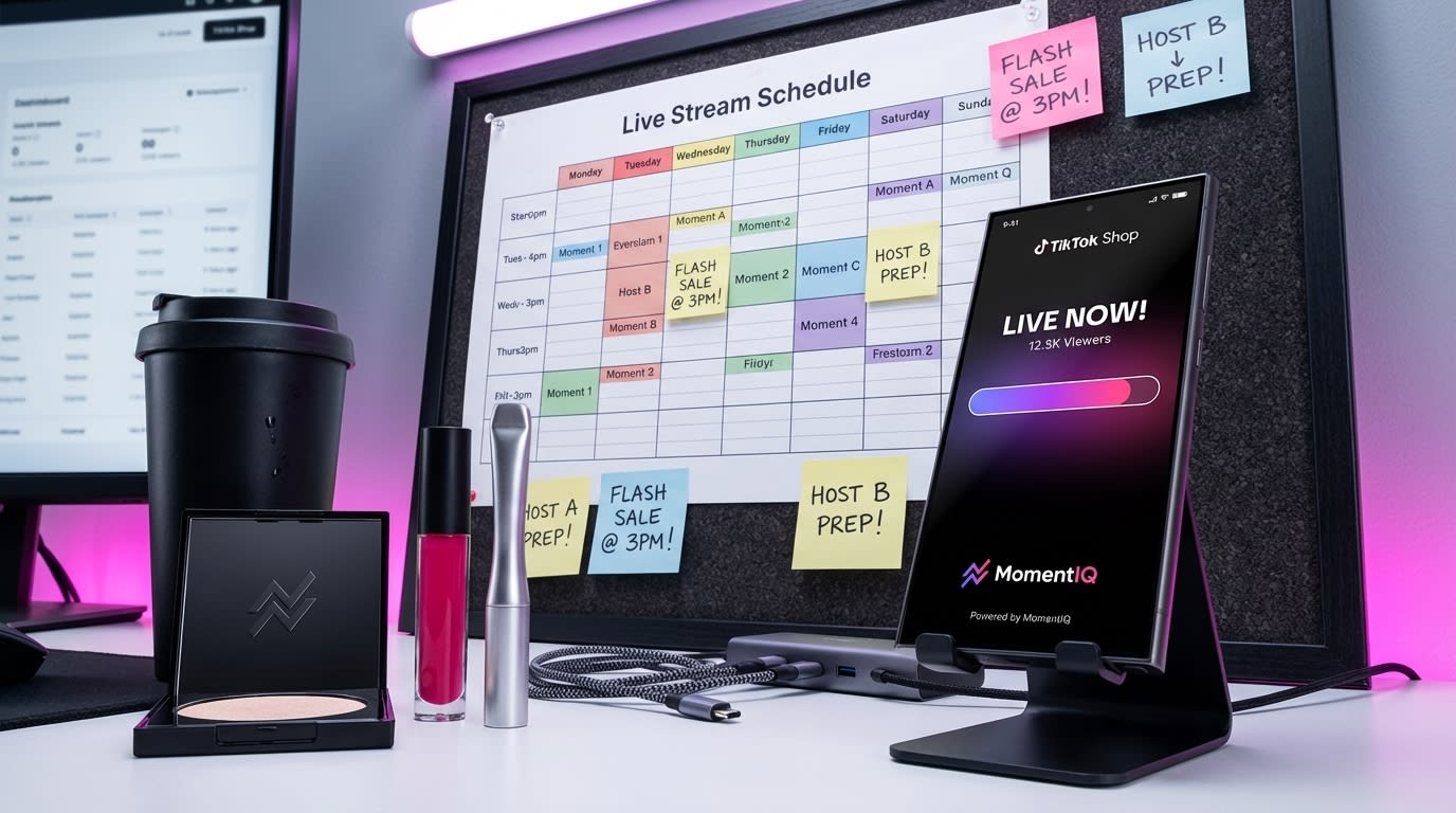 Flat lay of a TikTok Shop live stream host rotation schedule with a 'Live Now!' phone notification