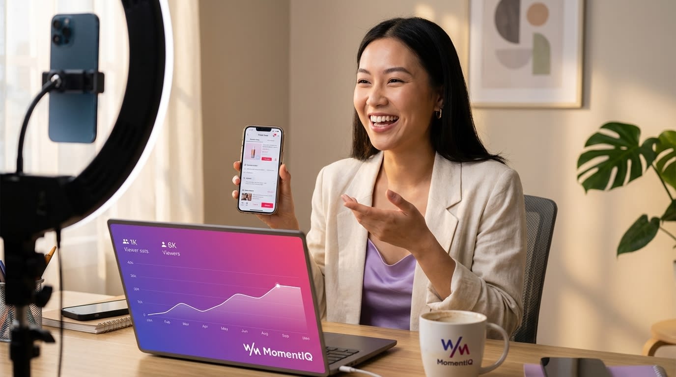 Flat lay of an organized TikTok Shop product seeding station with branded boxes and creator list