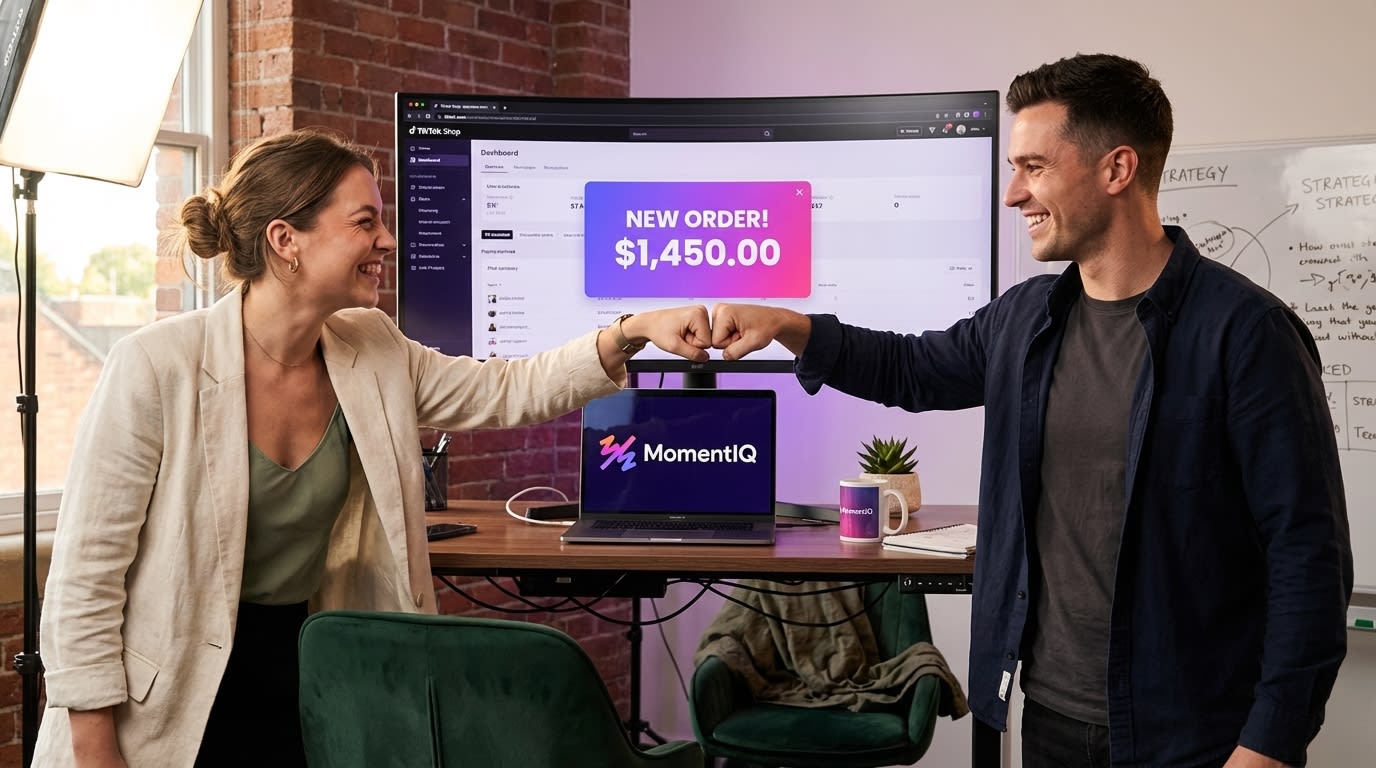 Small team celebrating 'New Order!' notification on TikTok Shop live stream