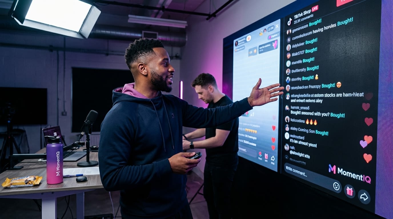 Team member pointing at a TikTok Shop live chat flooded with heart emojis and 'Bought!' comments