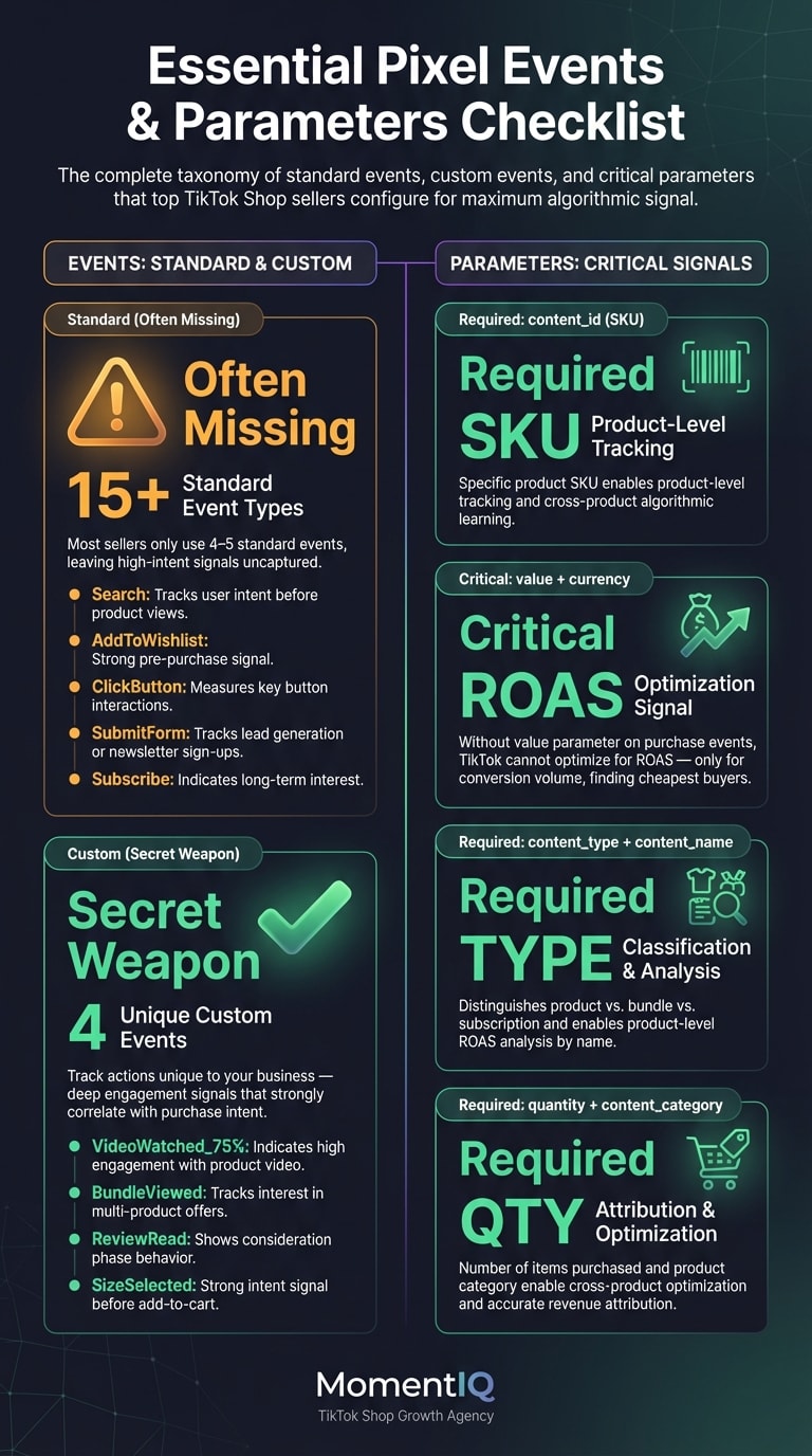 Checklist infographic of essential TikTok Shop pixel events and parameters including standard events like Search and AddToWishlist, custom events like VideoWatched and BundleViewed, and critical parameters like value, content_id, and content_type