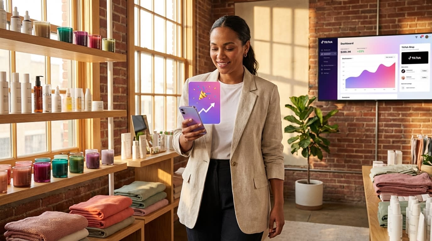 Brand founder walking through product showroom celebrating TikTok Shop monthly GMV goal achievement