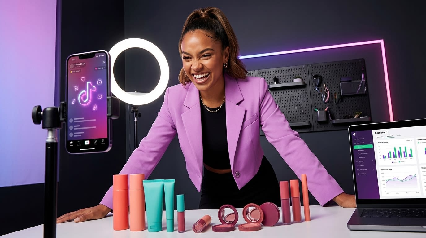 Confident TikTok Shop creator ready to go live with healthy pixel events and vibrant products