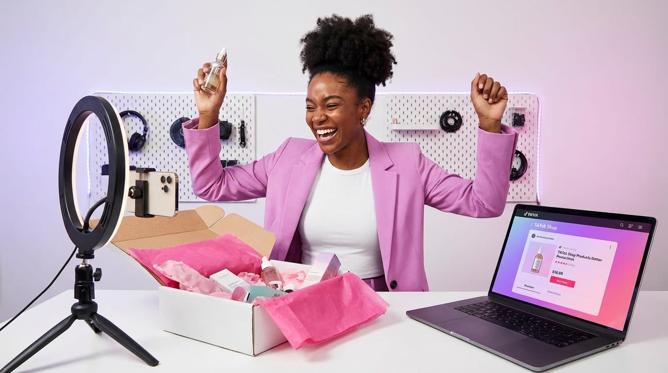 Creator enthusiastically unboxing TikTok Shop product seeding package at styled desk