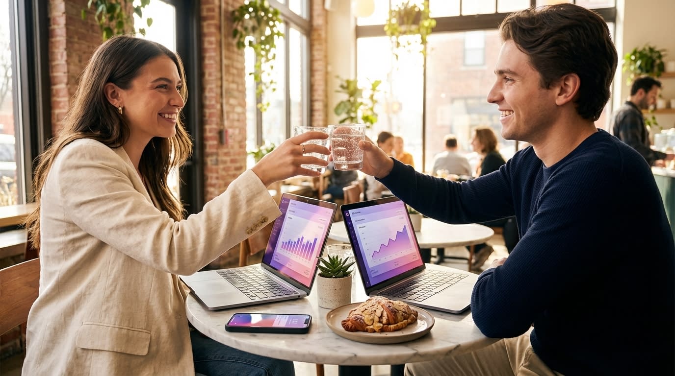 Business partners celebrating best TikTok Shop ROAS week at café with revenue dashboards