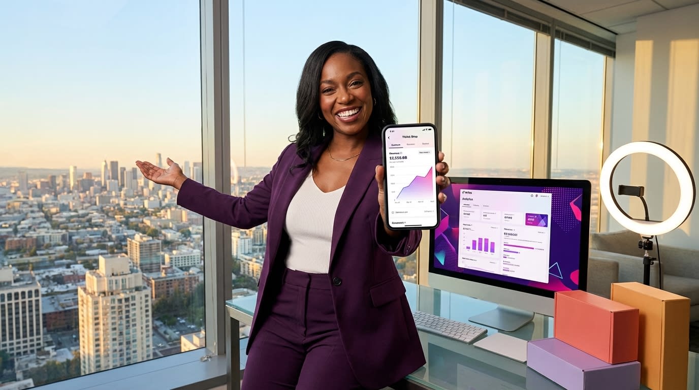 Entrepreneur viewing TikTok Shop revenue growth on phone against golden hour city skyline