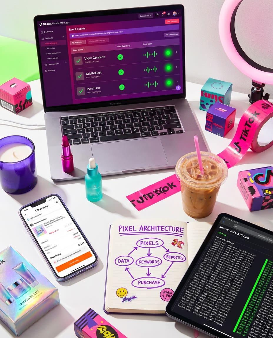 Flat lay of TikTok Shop pixel architecture setup showing Events Manager dashboard, server-side integration, and native Shop checkout on multiple devices