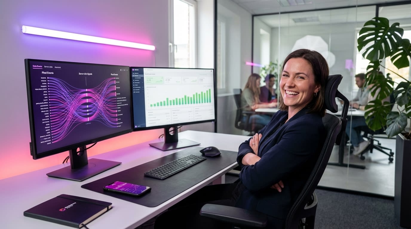 Marketer viewing TikTok Shop pixel event flow and improving ad performance on split-screen dashboard