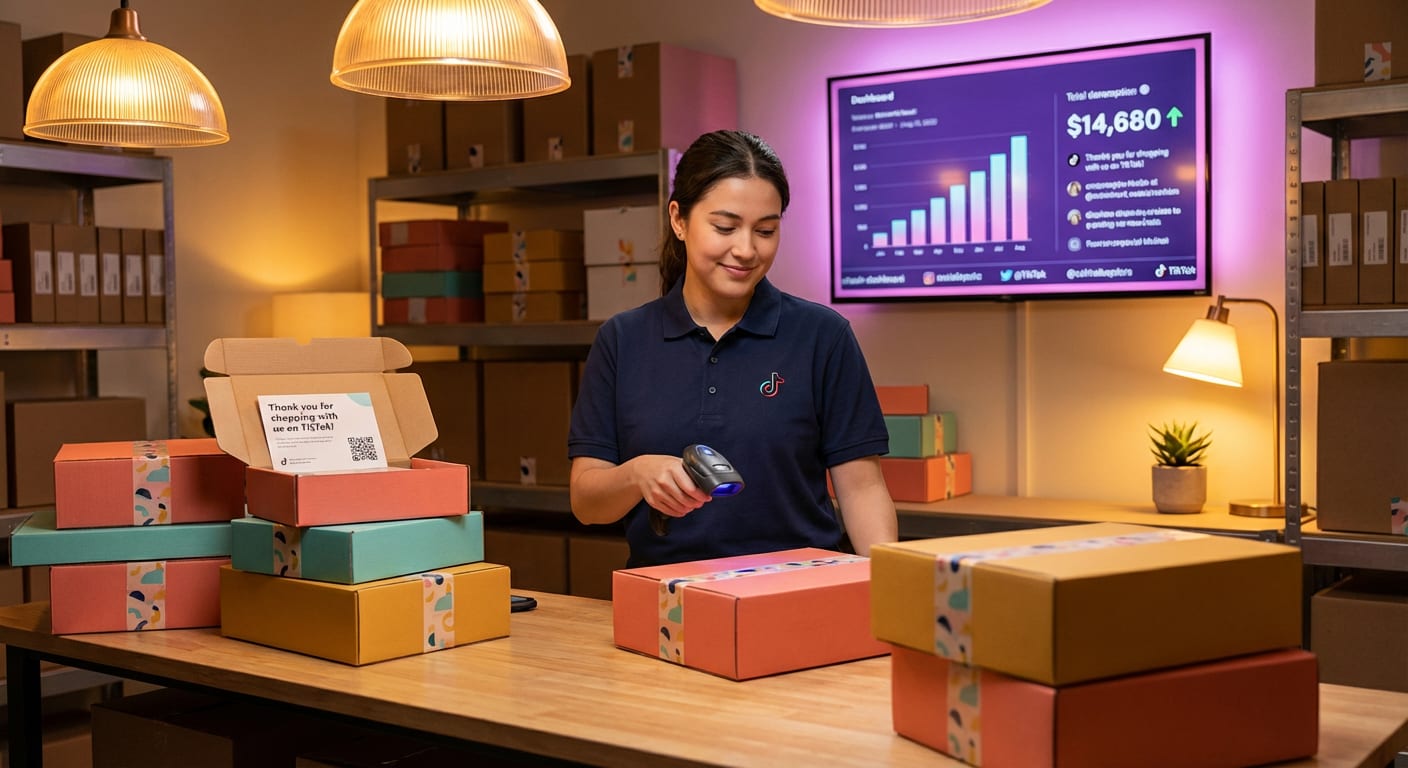 Organized TikTok Shop warehouse fulfillment center with real-time sales counter and branded packages