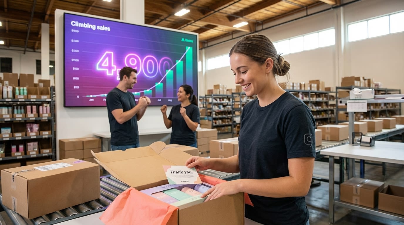 Organized TikTok Shop warehouse fulfillment center with real-time sales counter and branded packages