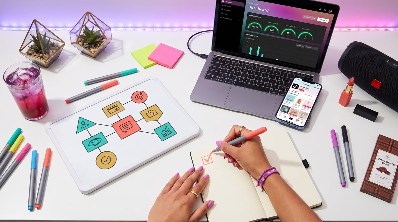 Strategic flat lay of TikTok Shop pixel architecture planning with products and event configuration