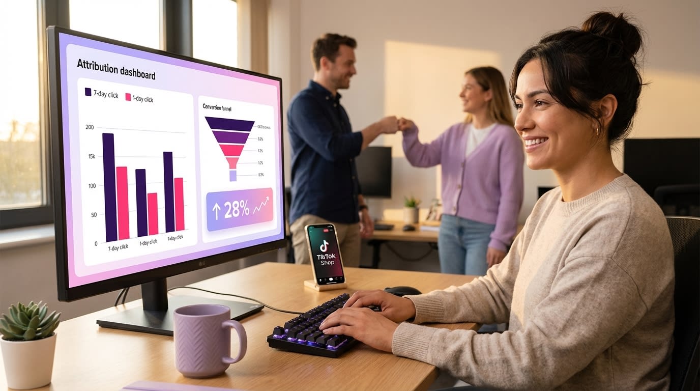 TikTok Shop attribution window comparison dashboard showing 28 percent conversion improvement