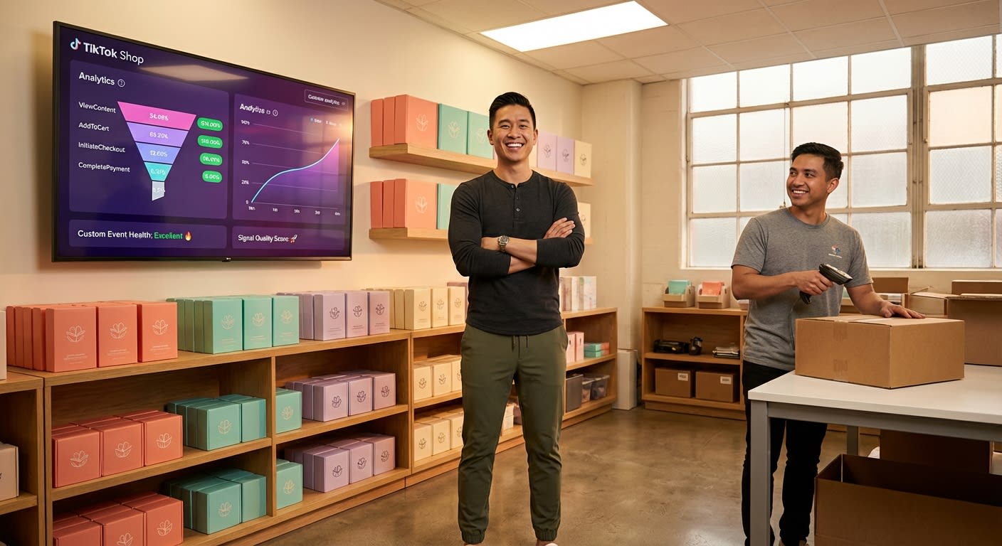 TikTok Shop brand founder standing proudly in organized fulfillment warehouse with analytics dashboard showing custom event-driven GMV growth