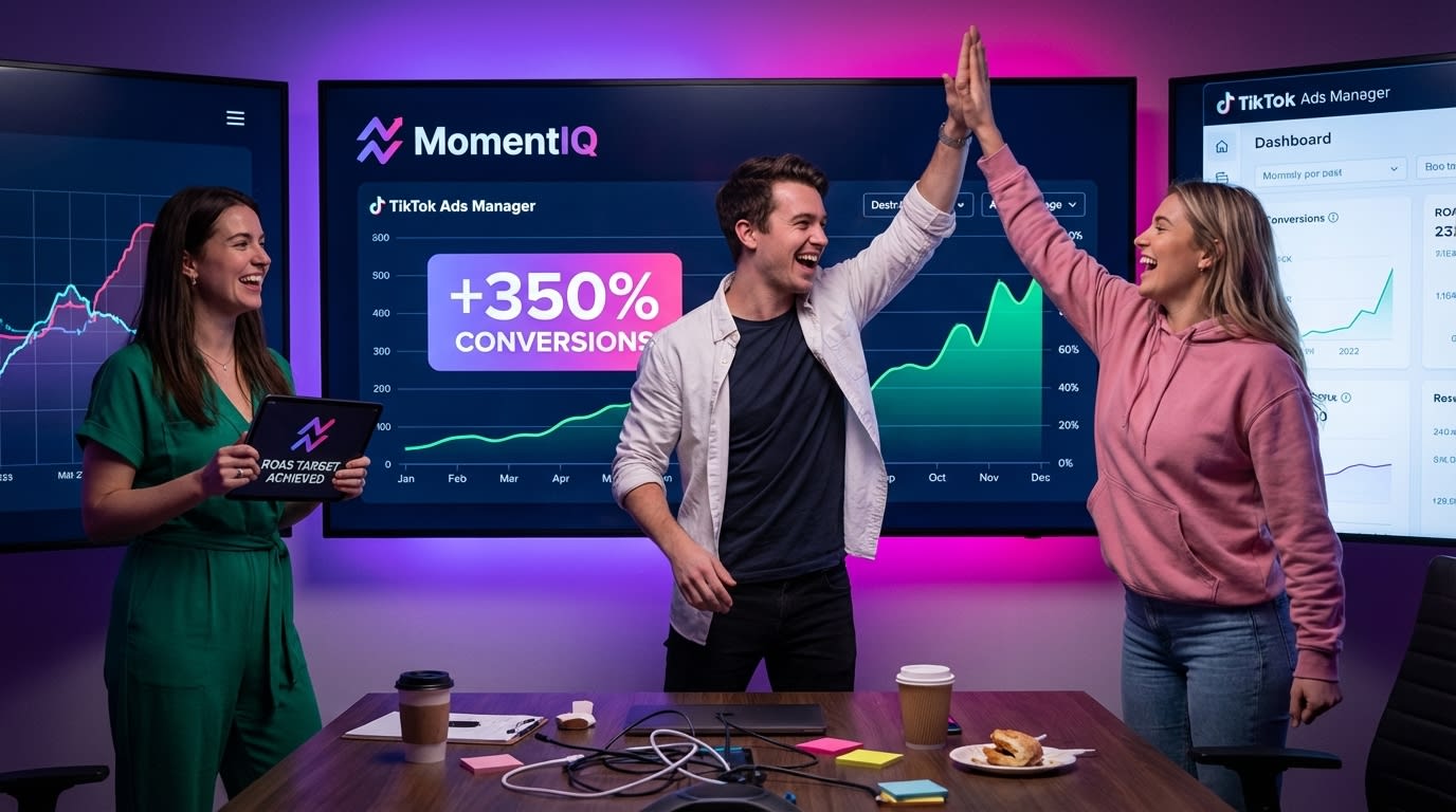 TikTok Shop brand team celebrating successful advanced pixel event setup with Events Manager showing active tracking signals