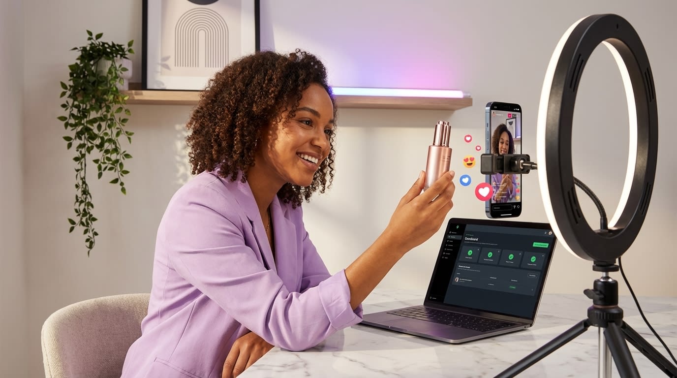TikTok Shop creator studio with ring light phone tripod and live stream conversion tracking