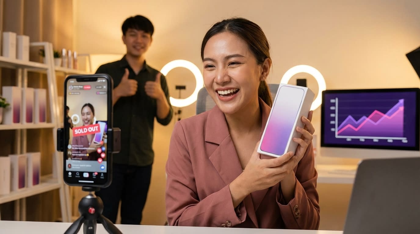 TikTok Shop live shopping host presenting product with real-time conversion events firing