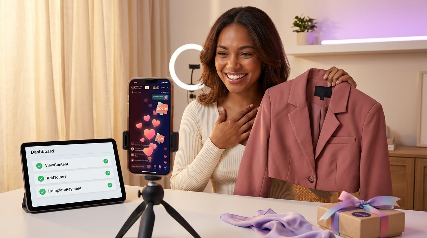 TikTok Shop live shopping host presenting product with real-time conversion events firing