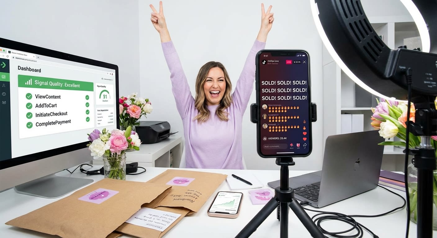 TikTok Shop live shopping stream setup with pixel signal health dashboard showing excellent tracking quality alongside product seeding packages
