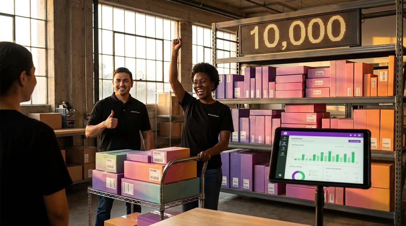 Warehouse team celebrating 10000 TikTok Shop orders shipped with fulfillment dashboard