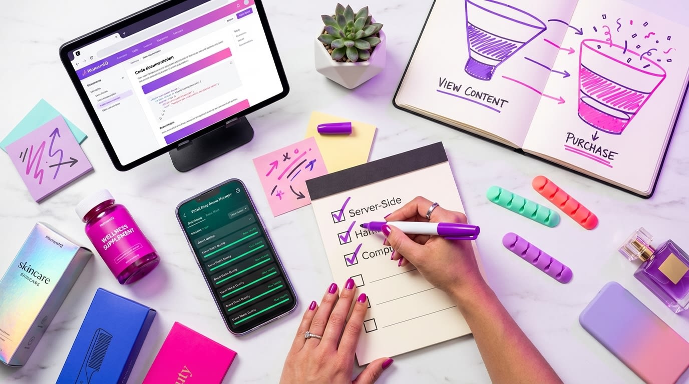TikTok Shop pixel mastery toolkit flat lay with events manager and server-side checklist