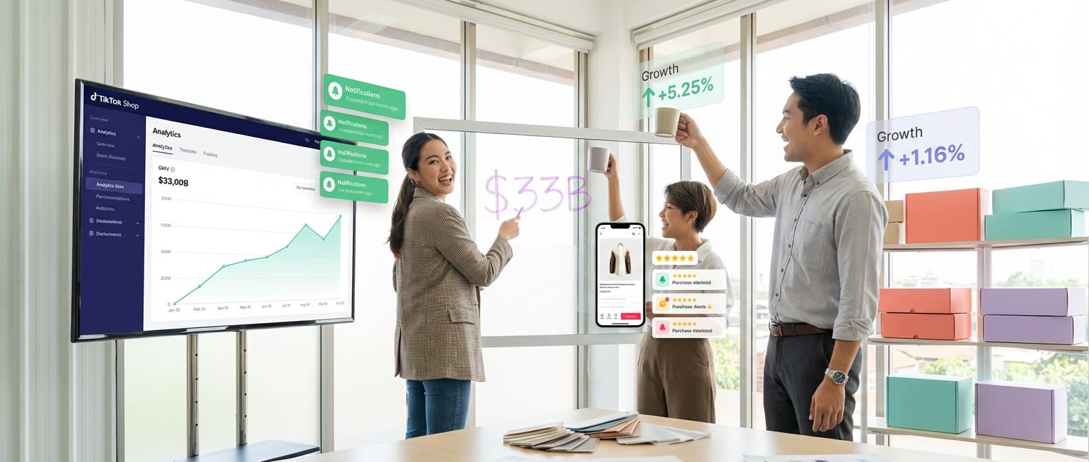 Brand team celebrating TikTok Shop growth metrics on analytics dashboard showing rising GMV and product shopping ad performance