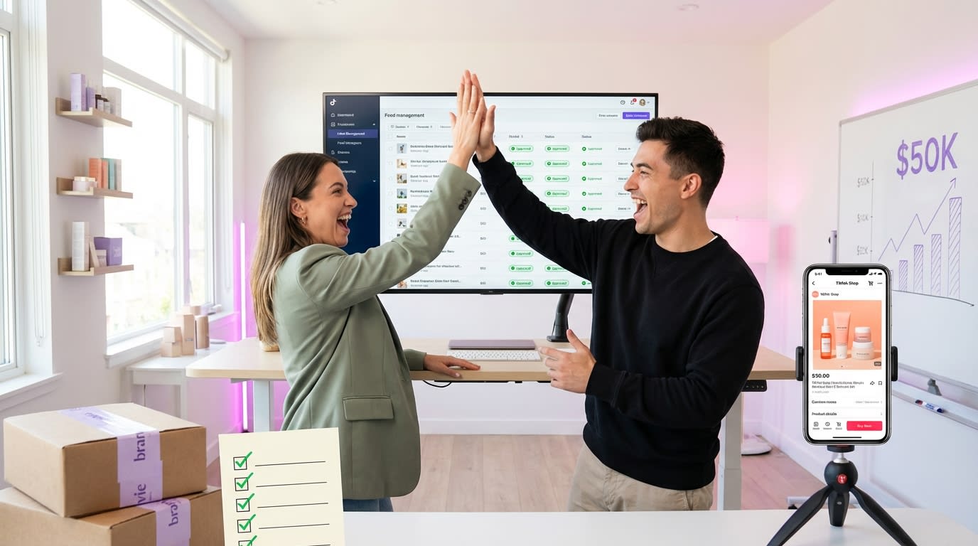 E-commerce team celebrating approved TikTok Shop product feed with optimized listings and completed feed hygiene checklist