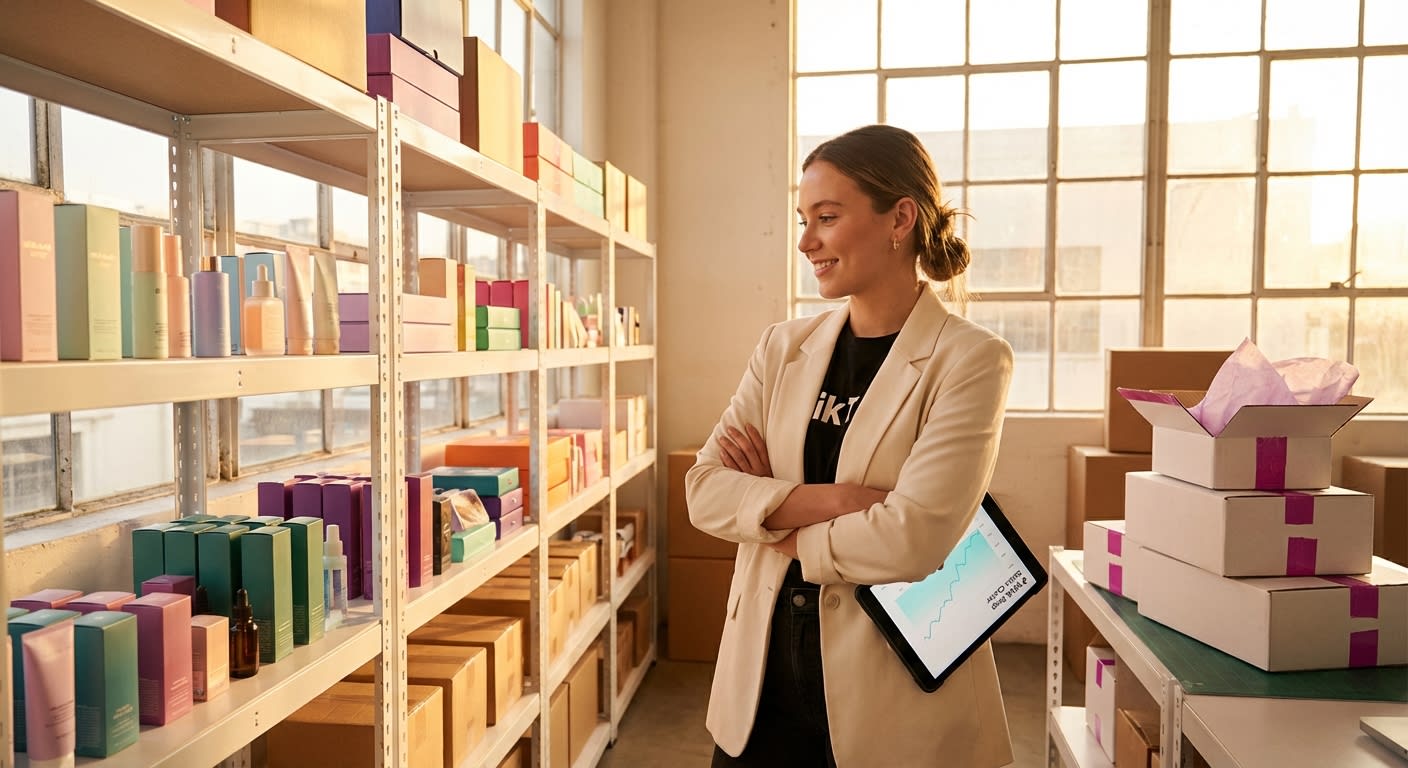 Entrepreneur proudly overlooking organized TikTok Shop fulfillment warehouse with colorful inventory and rising order dashboard