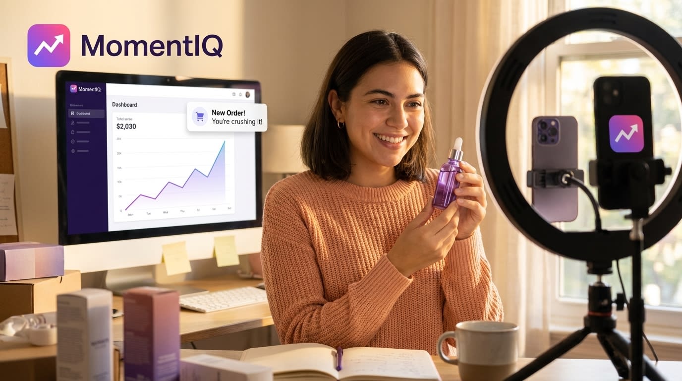 Stylish TikTok creator confidently filming product content in her studio, with her affiliate commission dashboard showing growth.