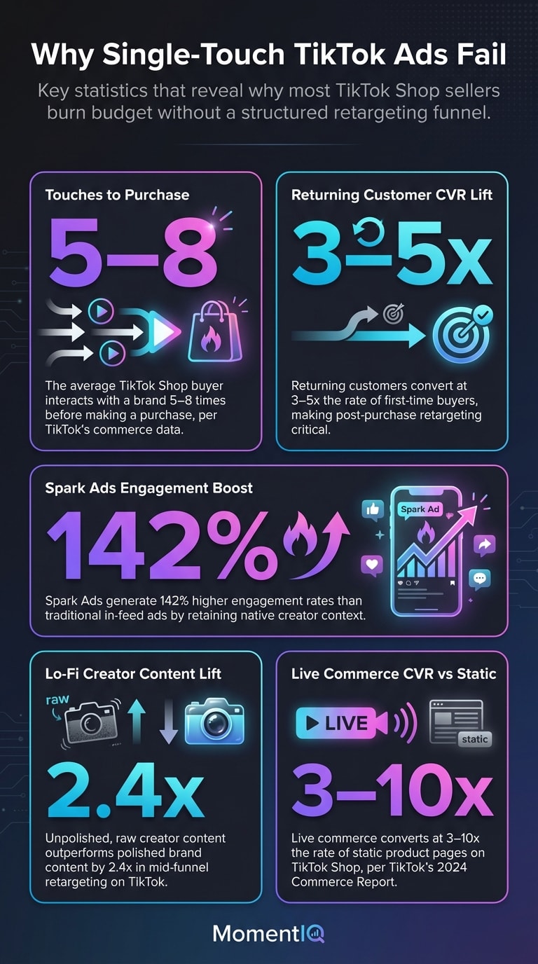 Infographic showcasing key TikTok Shop retargeting statistics including 5-8 touches to purchase, 3-5x returning customer conversion rate, and 142% Spark Ads engagement boost