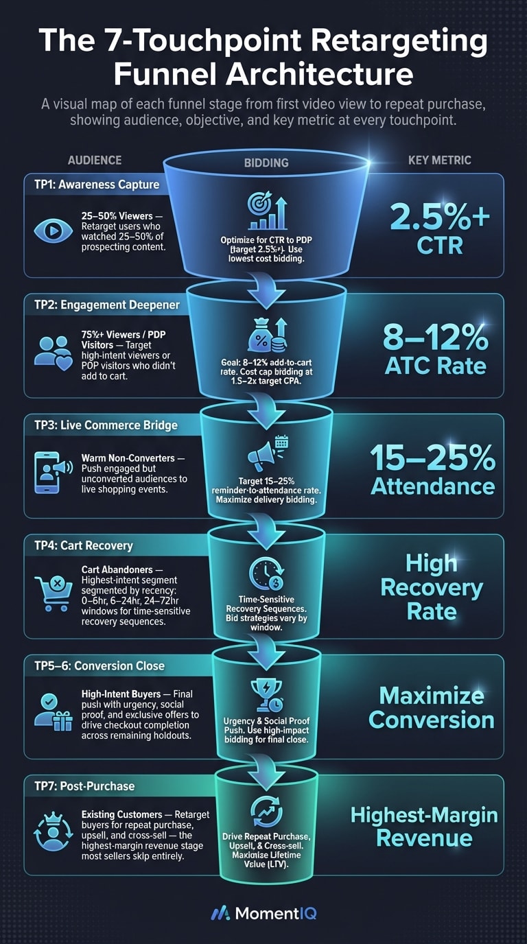 Funnel infographic showing the complete 7-touchpoint TikTok Shop retargeting architecture from awareness capture through post-purchase with audience definitions and key metrics at each stage