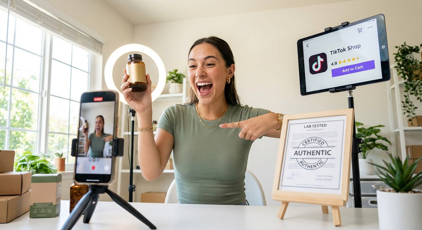 TikTok Shop creator filming an authentic product testimonial video with ring light and positive product reviews visible