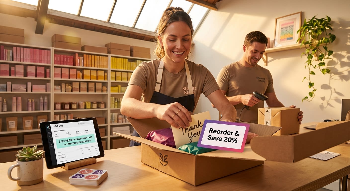 TikTok Shop fulfillment team packing branded orders with repeat customer conversion metrics on display