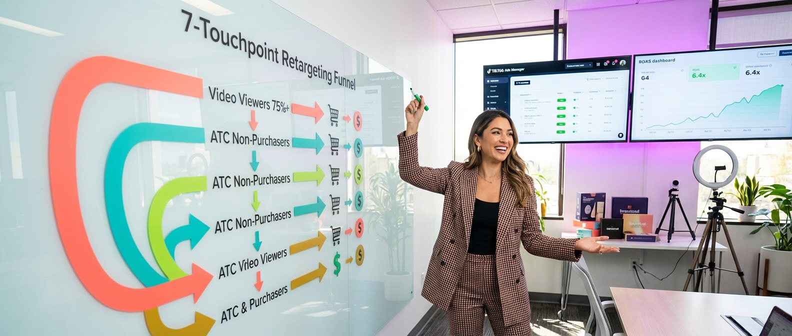 TikTok Shop strategist mapping a structured retargeting funnel on a whiteboard with positive campaign metrics
