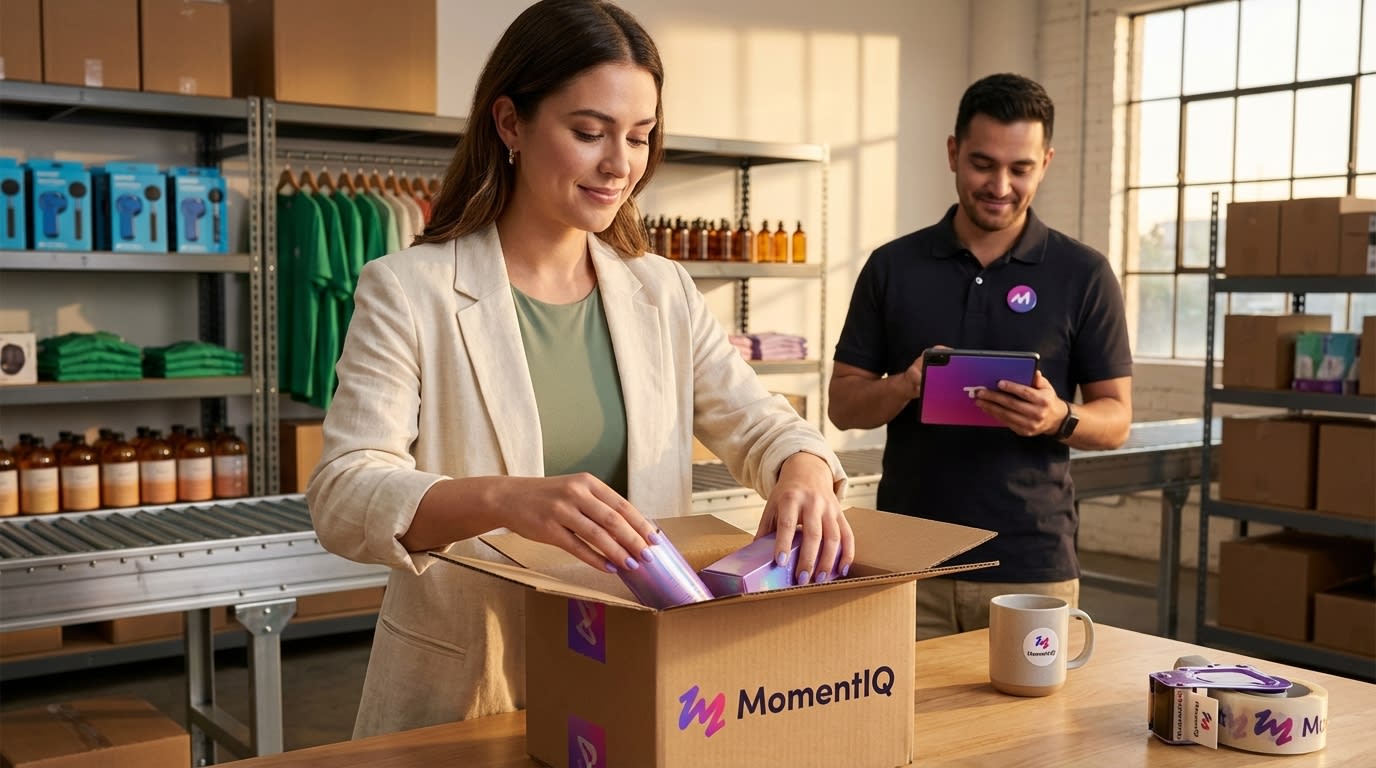 Aspirational wide shot of a bustling, modern warehouse with smiling team preparing TikTok Shop orders
