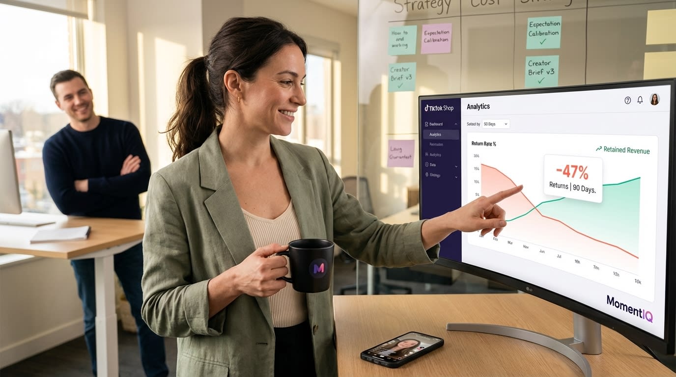 Brand manager confidently reviewing TikTok Shop return rate analytics dashboard showing improving metrics