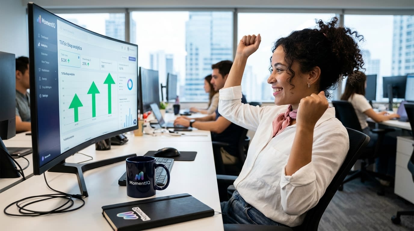 Confident brand manager reviewing TikTok Shop analytics showing reduced return rates and increased profit