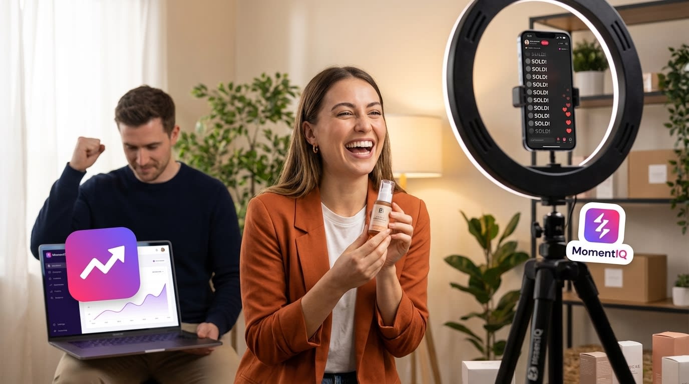 Energetic TikTok Shop live stream host presenting products with real-time sales notifications and team celebrating