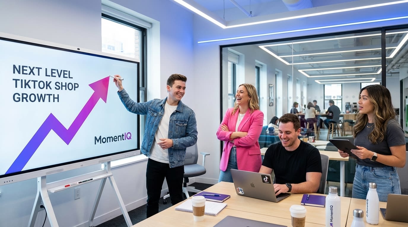 Excited brand team brainstorming 'Next Level TikTok Shop Growth' strategies on a whiteboard