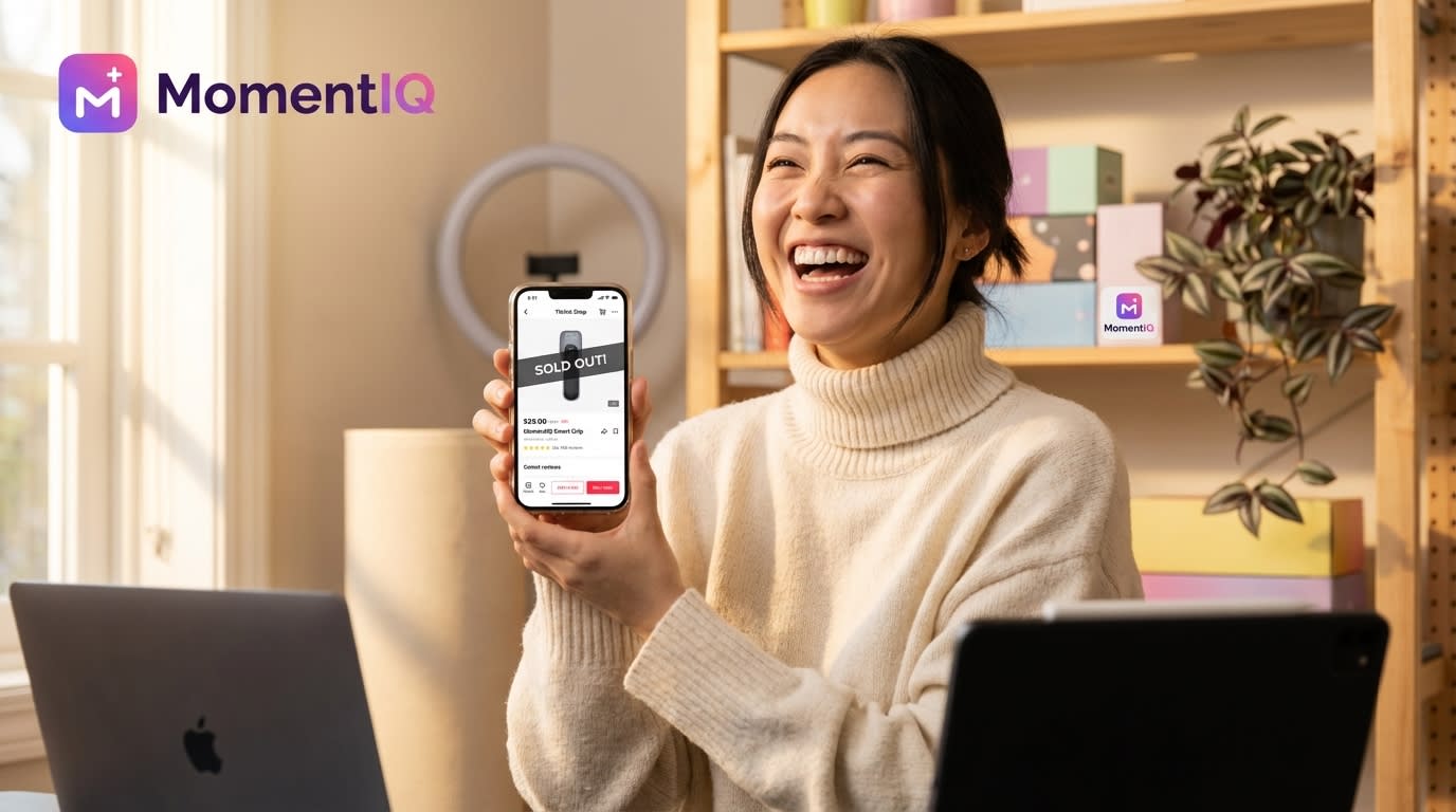 Joyful TikTok Shop creator showing phone with glowing product listing and 'Sold Out!' badges in vibrant studio