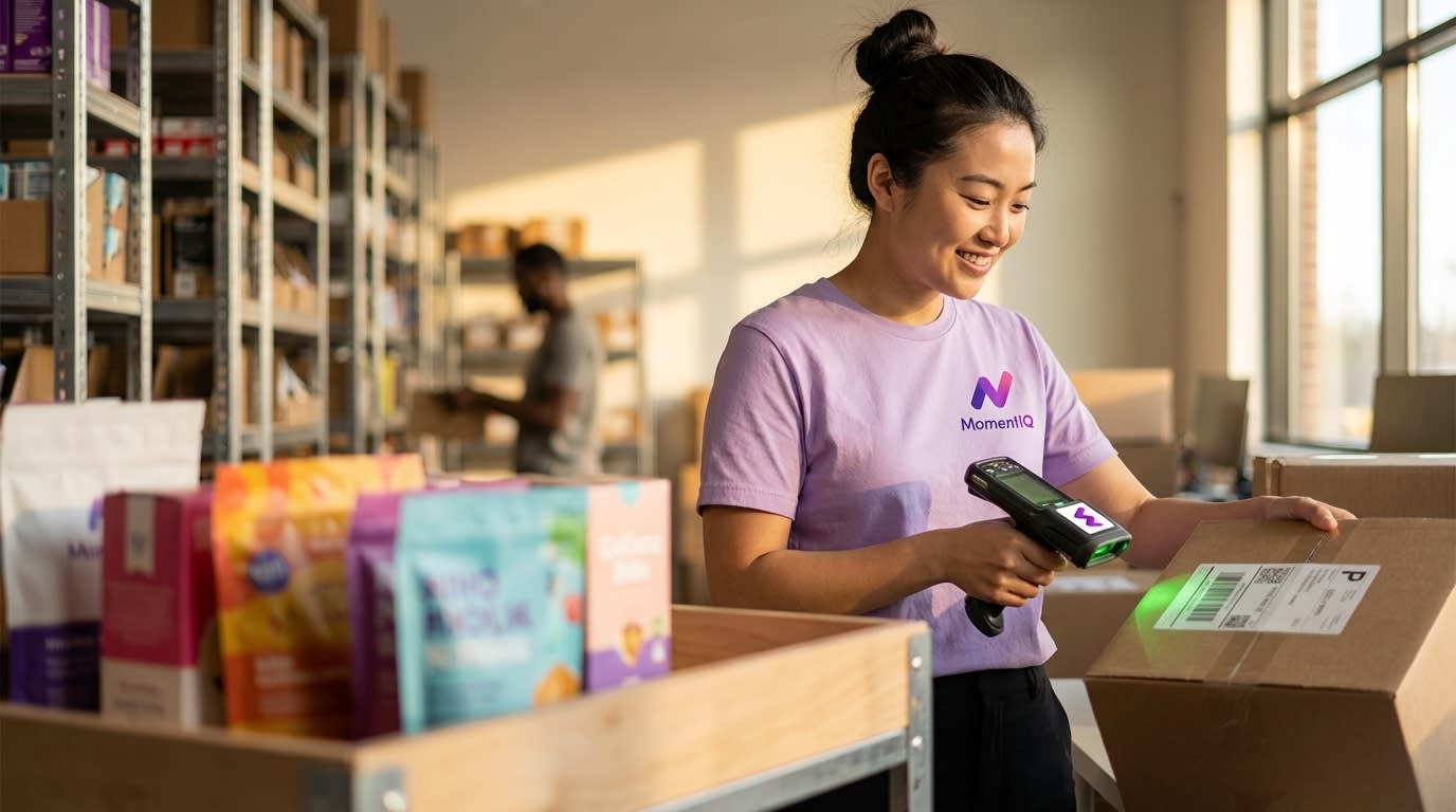 Happy warehouse worker scanning TikTok Shop shipping label in a vibrant, organized fulfillment center