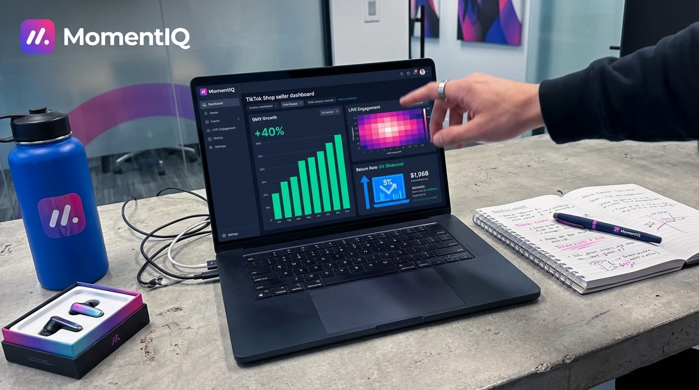 Minimalist desk flat lay with TikTok Shop seller dashboard showing growth and a '2025 Growth Plan' notebook