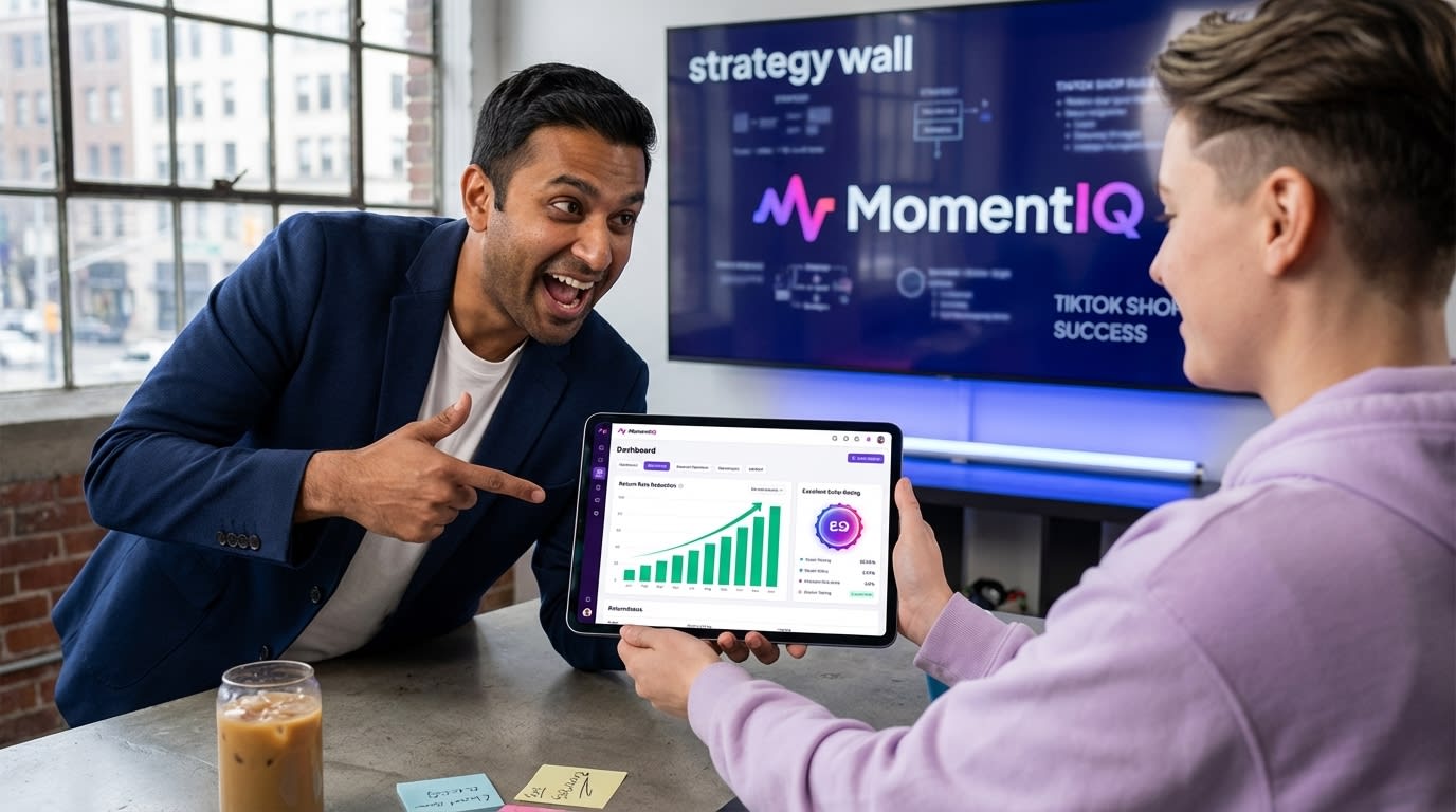 Tablet displaying TikTok Shop analytics dashboard with dramatic decrease in return rates and positive reviews