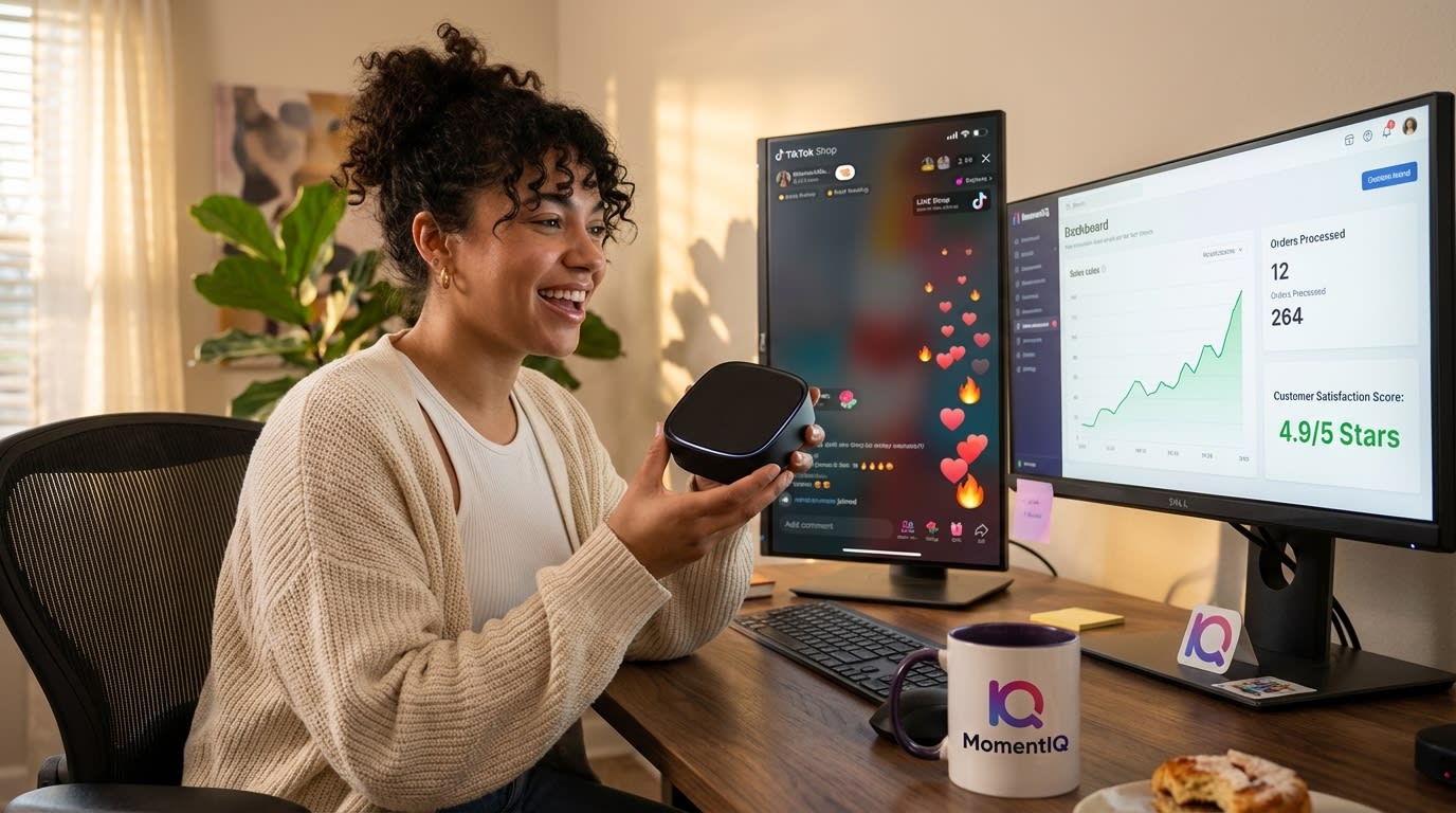 TikTok Shop creator live streaming product with real-time sales dashboard showing increased orders and satisfaction