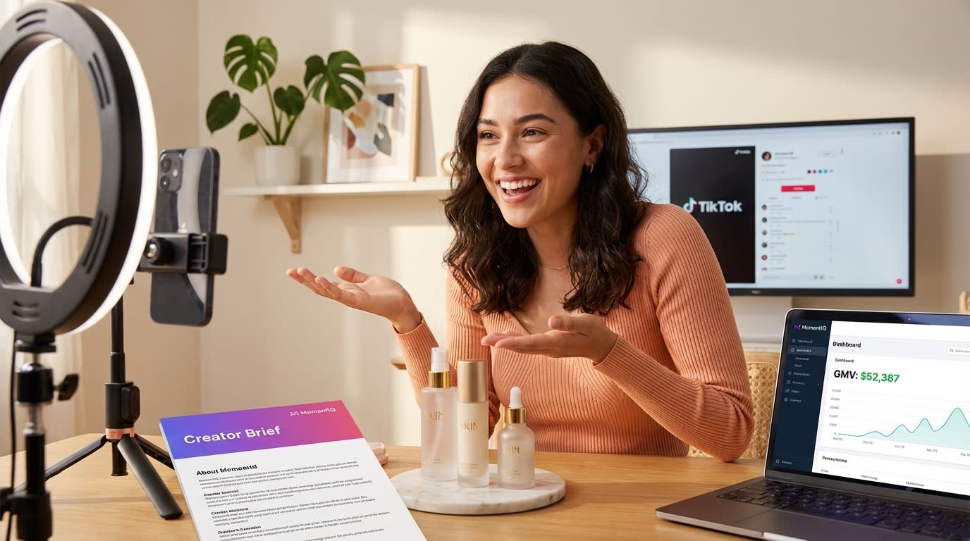 TikTok Shop creator confidently filming product demo with creator briefing template at professional studio setup