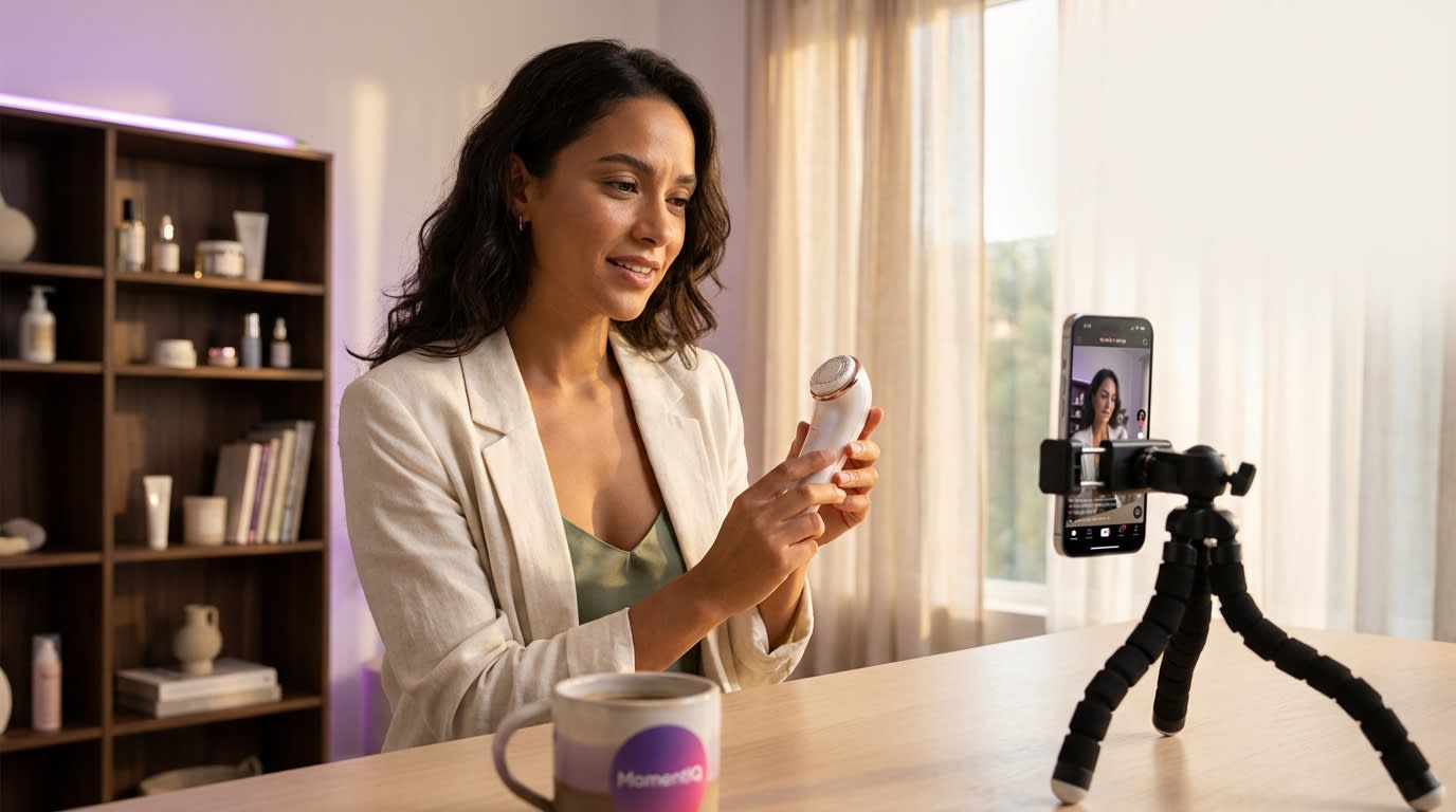 TikTok Shop creator meticulously filming an accurate product unboxing video with a phone on a tripod