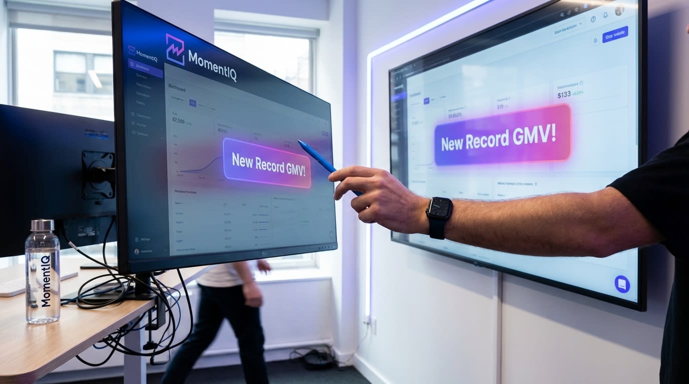 TikTok Shop sales dashboard showing upward trending revenue and new GMV record notification