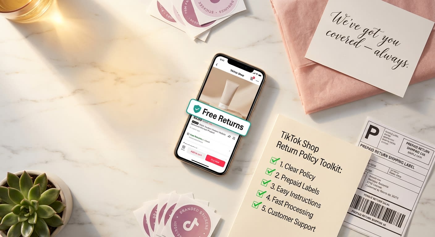 Flat lay of TikTok Shop return policy essentials including Free Returns badge on phone and branded packaging materials