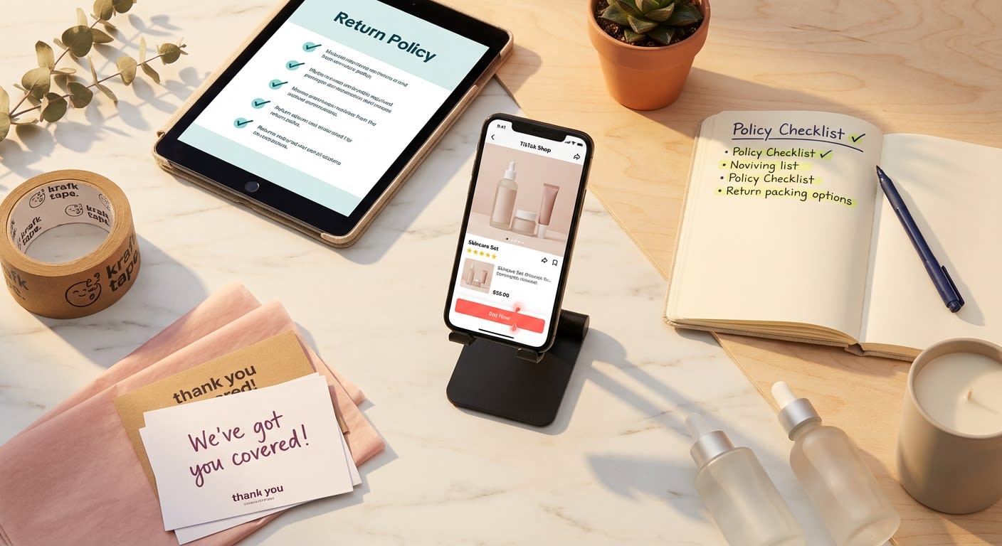 Flat lay of TikTok Shop seller toolkit with phone app branded packaging and return policy checklist