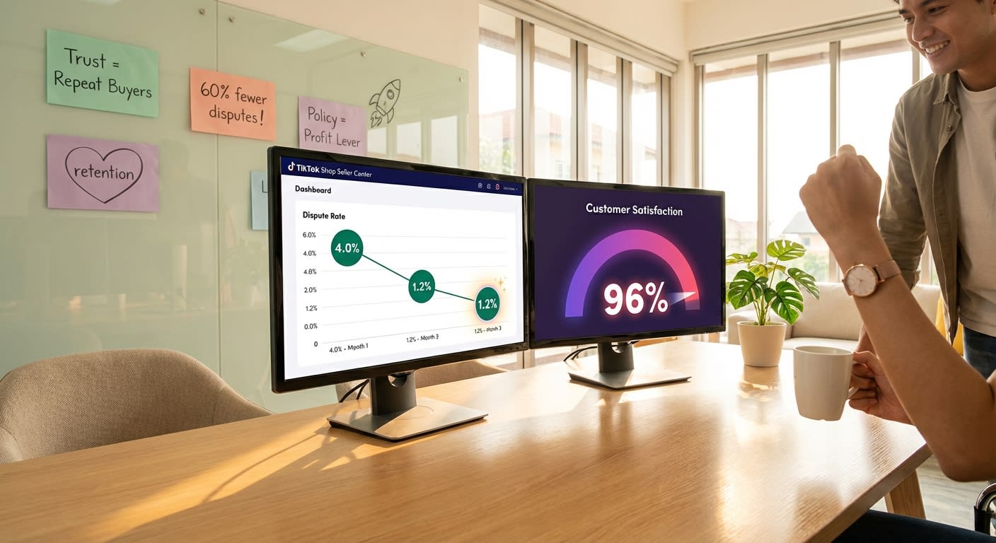 TikTok Shop analytics dashboard showing low dispute rate high satisfaction and strong GMV growth trend